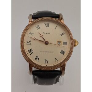 Stauer Buttonwood Watch Men 41mm Rose Gold Case Black Leather Band- New Battery